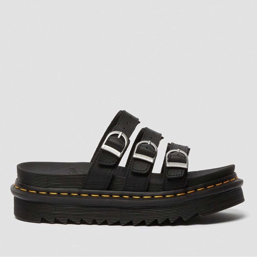 Dr. Martens Blair  Black Triple Buckle Platform Slide sandal Yellow Stitching 9